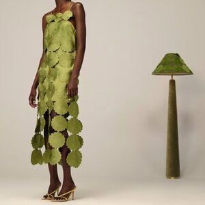 ARRANGE cutwork floral midi dress with fringe hem in olive green